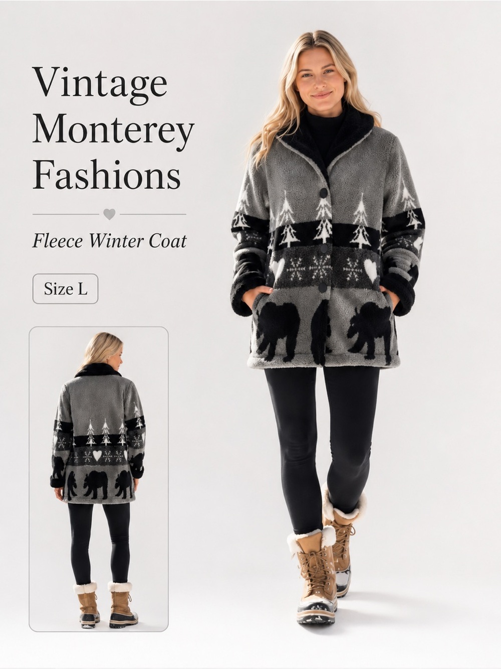 Christmas winter Cozy Gray Black Patterned Coat Bears Trees Hearts Snowflakes